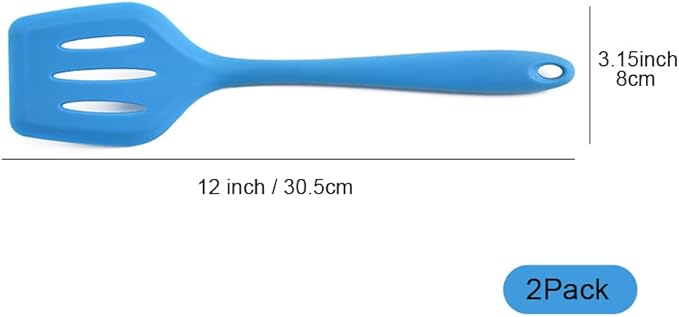 2Pack Small Silicone Turner High Heat Resistant Slotted Spatula for Fish, Eggs, Pancakes and More (12 IN, Red)