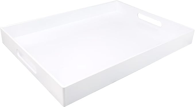 White Serving Tray for Coffee Table, Rectangular Plastic Decorative Tray with Handles for Entertaining, Outdoor Patio, Living Room, Ottoman, Bathroom Counter, 11.8β*15.7β*1.6β