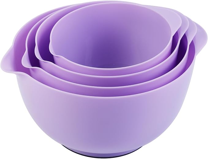 BoxedHome Nesting Plastic Mixing Bowl Set, 4 Piece Mixing Bowl Set with Pour Spouts, Size 1.7, 2.5, 3.5 and 4.5qt, for Prepping, Mixing, Baking, Cooking(2023 New Version, Purple)
