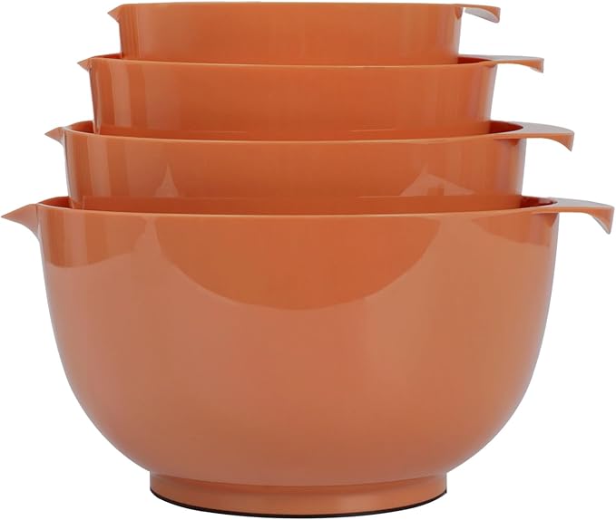 BoxedHome Nesting Plastic Mixing Bowl Set, 4 Piece Mixing Bowl Set with Pour Spouts, Size 1.7, 2.5, 3.5 and 4.5qt, for Prepping, Mixing, Baking, Cooking, Brownish Orange