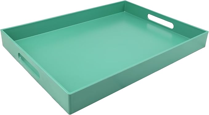 Green Serving Tray for Coffee Table, Rectangular Plastic Decorative Tray with Handles for Entertaining, Outdoor Patio, Living Room, Ottoman, Bathroom Counter, 11.8β*15.7β*1.6β