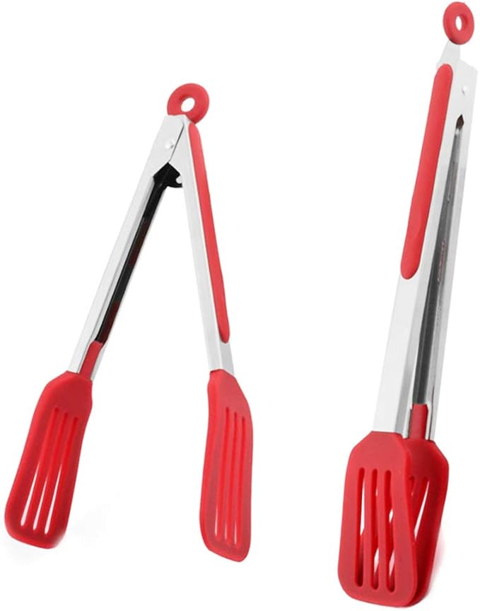 Cooking Tongs 9 inches and 12 inches Stainless Steel Kitchen Silicone Serving Tong Heat Resistant Meat Turner Spatula Tong Fish Tongs with Locking Handle Joint (Red)