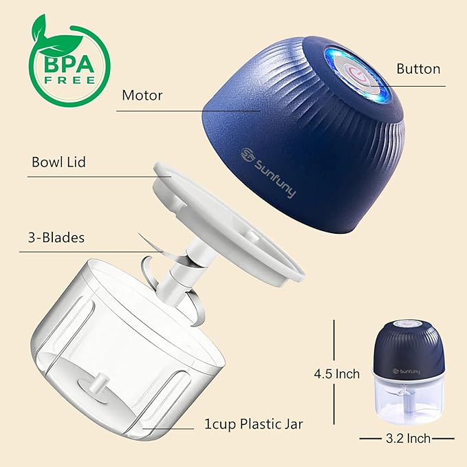 Mini Food Processor Cordless, 250ml Small Garlic Chopper 1 Cup, Battery USB Rechargeable Electric Food Chopper Wireless, Portable Vegetable Meat Blender Kitchen Mixer for Onion, Salad, Baby Food(Blue)