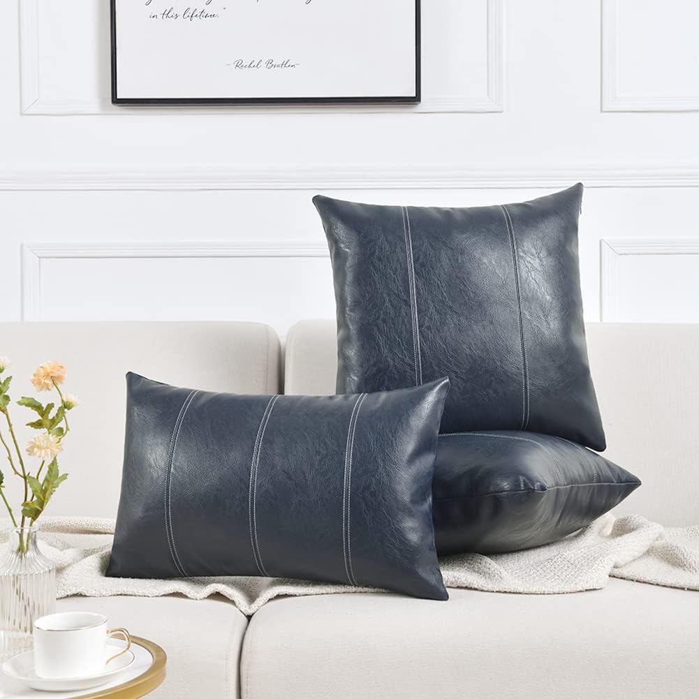 Fancy Homi Navy Blue Lumbar Waterproof Faux Leather Decorative Throw Pillow Covers 12x20 Inch for Outdoor Couch Bed, Modern Farmhouse Boho Home Decor, Blue Hand Stitched Cushion Case 30x50 cm