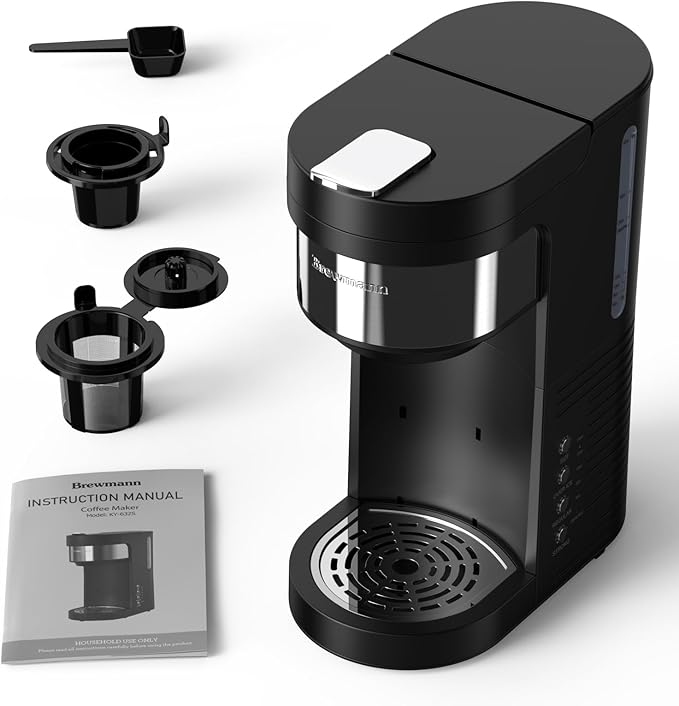 Single Serve Hot & Iced Coffee Maker, for K Cup Pod and Grounds, 6 to 24oz Brew Size, Slim Compact for Small Spaces, Descaling Reminder, with Reusable Filters, Black