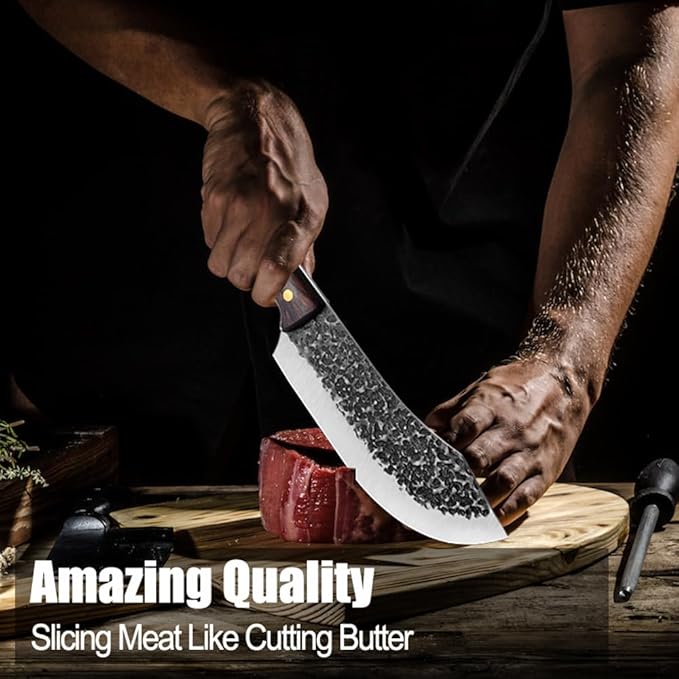 ROCOCO Butcher Knife for Meat Cutting Hand Forged 7" Sharp Full Tang Kitchen Meat Cleaver Cooking Knives for Home Outdoor Camping BBQ Christmas Father's Day Gift Idea Men