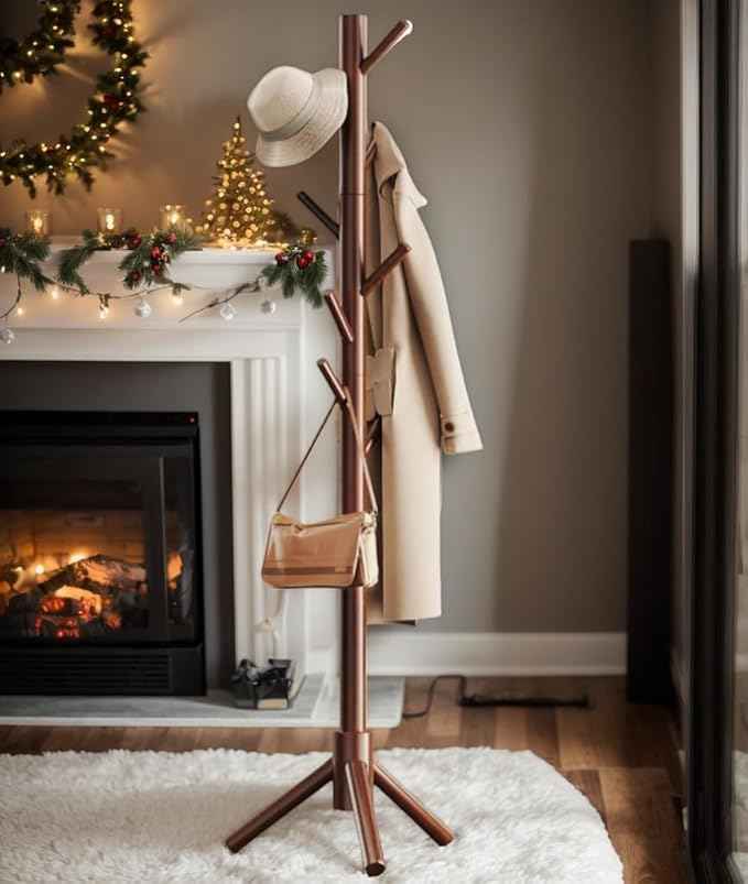 Pipishell Sturdy Wooden Coat Tree with 8 Hooks, 3 Adjustable Sizes for Clothes, Hat Stand Used in Bedroom/Office/Entryway, Brown