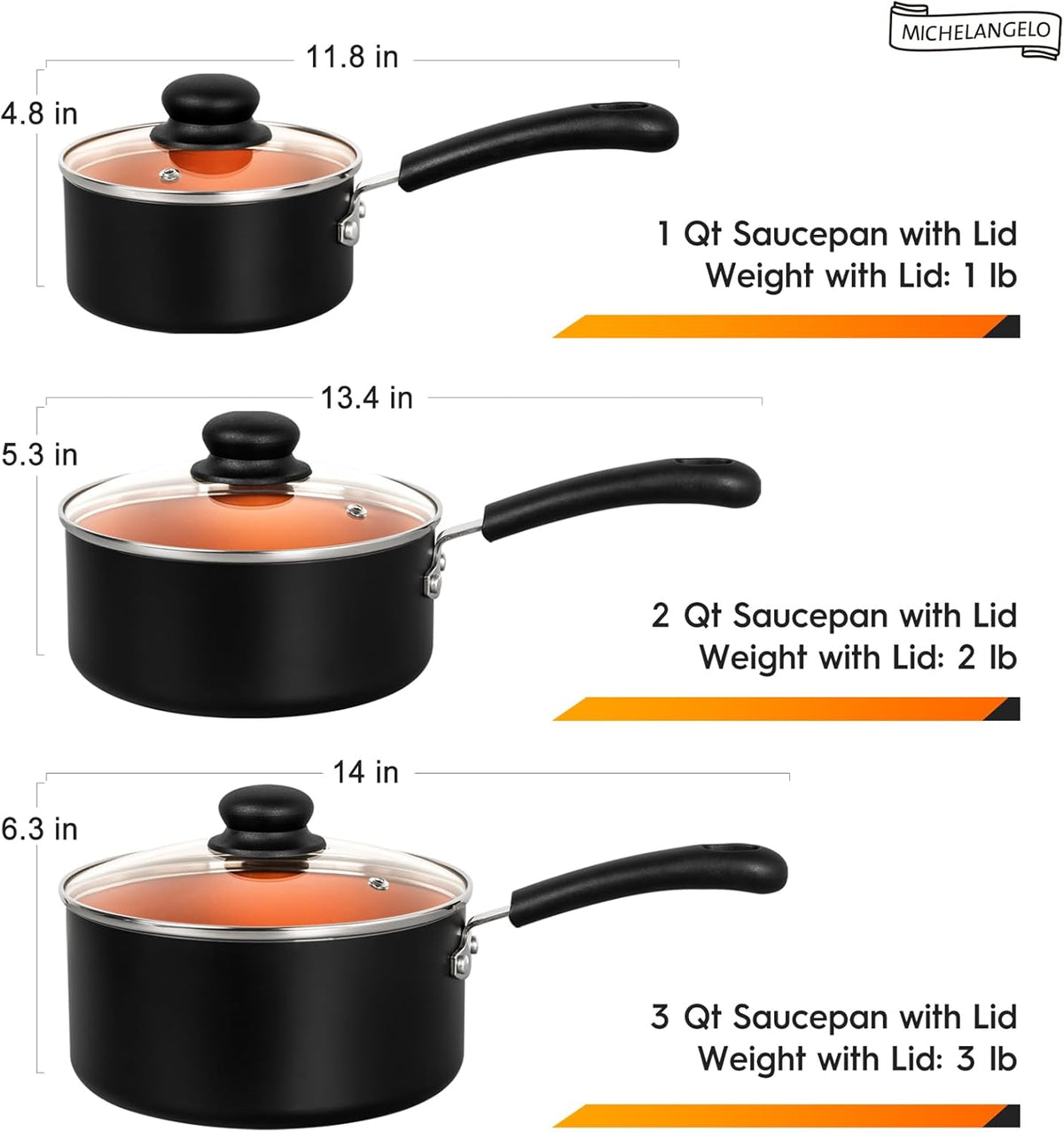 MICHELANGELO Nonstick Sauce Pan with Lid 1QT, 2QT & 3QT, Ceramic Saucepan Set, Copper Sauce pans, Non-Toxic Saucepan, Multipurpose Cooking Pots Set For Home Kitchen, Compatible induction