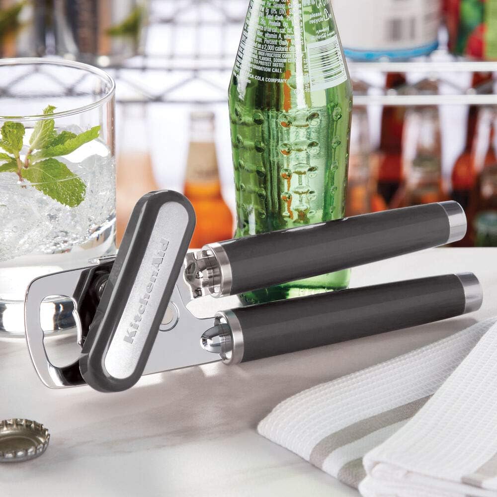 KitchenAid Classic Multifunction Can Opener and Bottle Opener Easy to Use, Razor Sharp Stainless Steel Cutting Wheel, Soft Ergonomic Handles, Charcoal