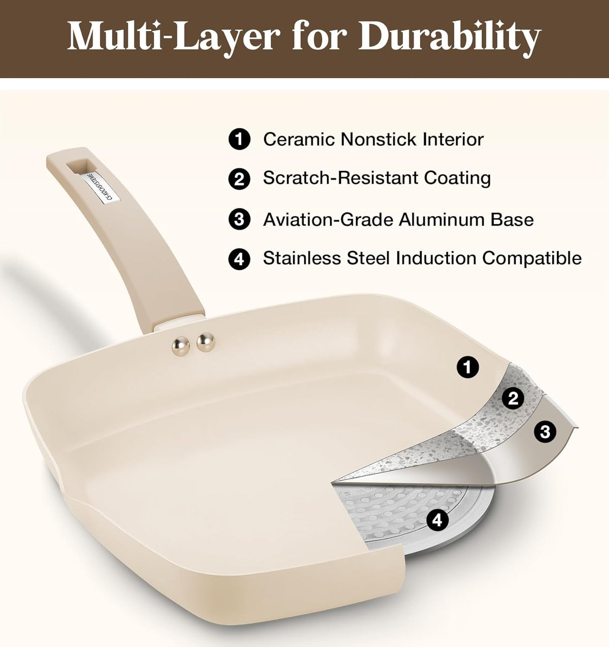 KOCH SYSTEME CS Nonstick Grill Pan for Stove Tops, 11 Inch Square Frying Pan with Lid, Ultimate Ceramic Coating Grill Skillet with Bakelite Handle, Induction Griddle Pan, PFOA Free, Cream White