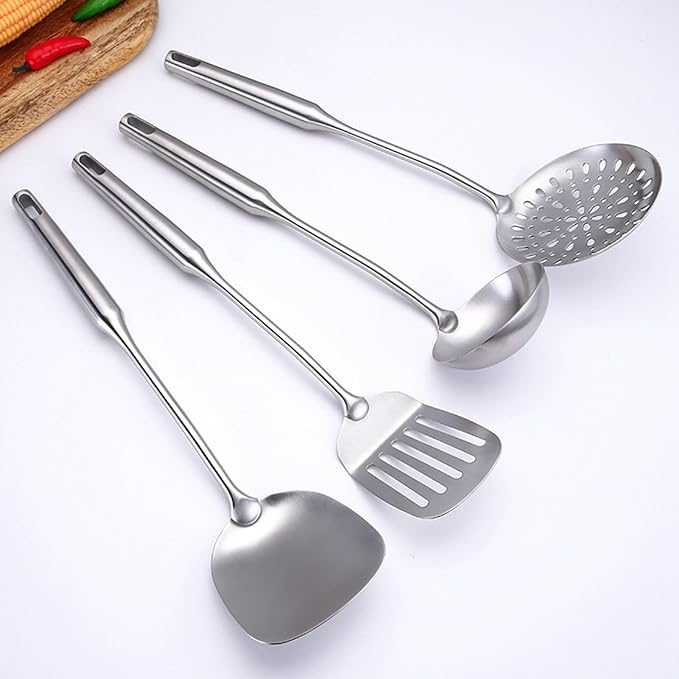 Cooking Utensils Set Stainless Steel Kitchen Metal Serving Utensils Set of 6 Pcs-Wok Spatula Ladle Set, Slotted Skimmer, Pasta Server, Serving Spoon, Slotted Spatula Tunner,Dishwasher Safe