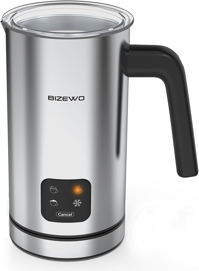 BIZEWO Milk Frother Electric, Warm and Cold Milk Steamer, 4 IN 1 Automatic Milk Warmer Stainless Steel with Touch Screen for Coffee, Latte, Macchiato, Cappuccino, Hot Chocolate
