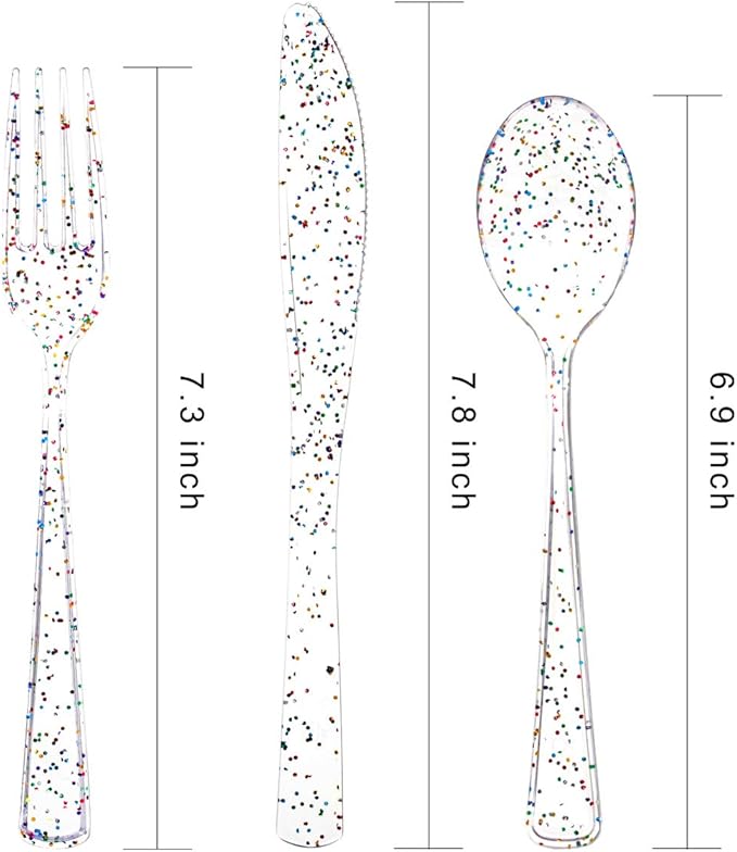 Supernal 360pcs Clear Plastic Silverware, Glitter Disposable Cutlery with Colorful Design,120 Forks,120 Knives,120 Spoons,Perfect for Parties Birthday