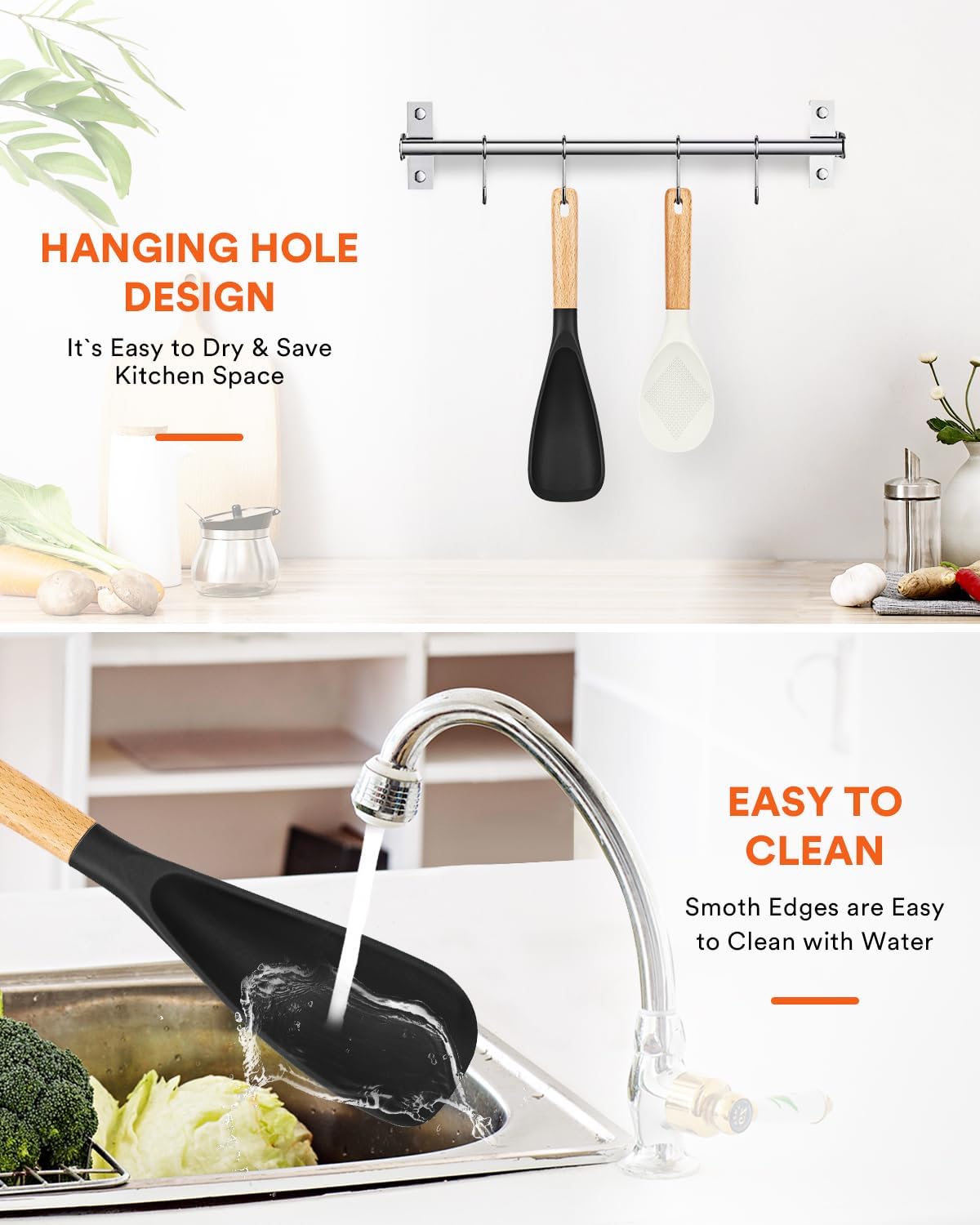 Cooking Spoon and Rice Scooper for Nonstick Cookwares, Great for Cooking and Serving Sturdy BPA-Free Matte Silicone, Wood Handle Spoon for Mixing, Scoop, and Scrape (Black Spoon & White Scooper)