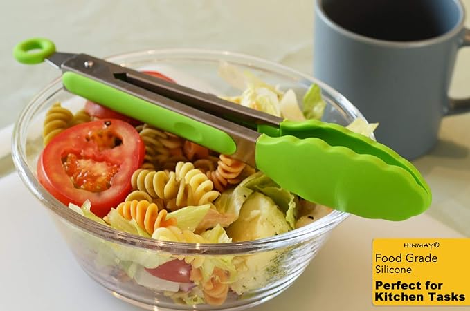 Silicone Tongs 9-Inch Stainless Steel Locking Kitchen Tongs, Set of 3 (Green)