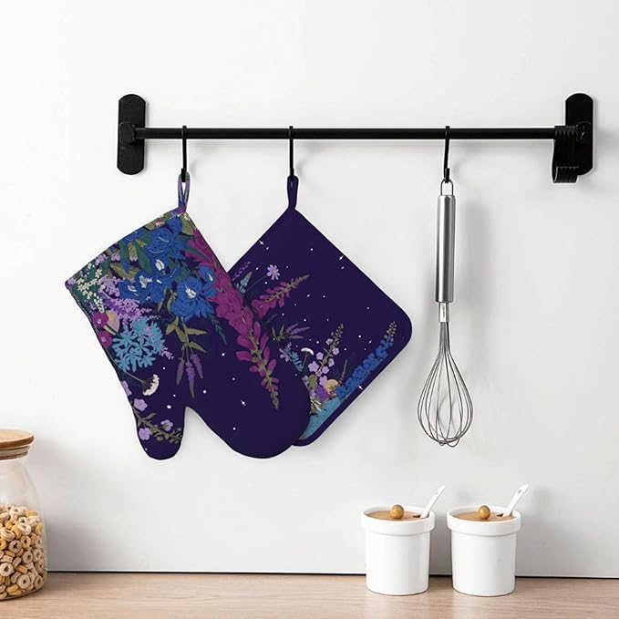 Wildflowers Florals Oven Mitts Pot Holders Set Silicone Heat Resistant Wildflowers Oven Mitts and Hot Pads Florals Potholders Non-Slip Oven Gloves for Cooking Baking Grilling BBQ