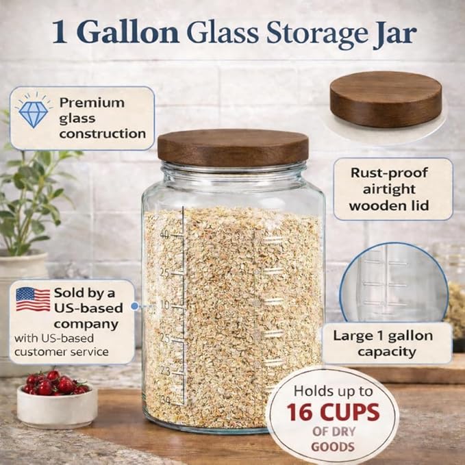 kitchentoolz Extra Large Mason Jar - 1 Gallon Glass Wide Mouth Jar with Airtight Wooden Lid, Food Storage Container with Measurement Markings For Kitchen Pantry, Pickling, Cookies, Flour & Sugar