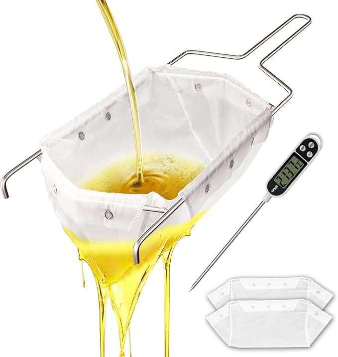 Fryer Filter Bag & Frame Set, Reusable Oil Strainer for 70 lb Cooking Oil, Fine Mesh to Capture Crumbs, Durable for Home & Commercial Use, with 1 Professional Food Thermometer
