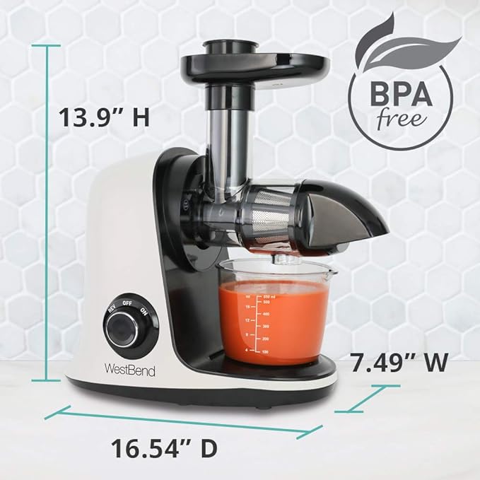 West Bend Juicer Cold Press Masticating Extractor Machine Features Quiet Motor Anti-Clog Reverse Function Nutrient Preserving For Juicing Fruits Vegetables and All Greens, 150-Watts, White
