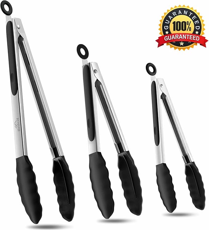 600ºF Heat Resistant Kitchen Tongs, Premium Locking Cooking Tongs with Silicone Tips, Non-Slip Food Tongs for Cooking, Non-Stick, Heavy Duty Stainless Steel Handle, Set of 3-7" 9" and 12" Black