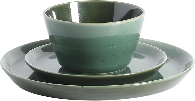 Gibson Elite 12 Piece (Service for 4) Fern Canyon Plates and Bowls Reactive Glaze Modern Coupe Round Dishes Stoneware Ceramic Dinnerware Set - Glossy Green