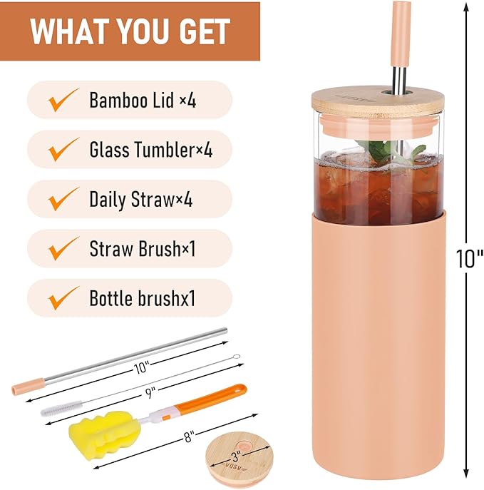 Glass Tumbler w/Lids & Straw:24oz Reusable Mug w/Bamboo Lid,Stainless Steel Straw, BPA-Free, Leak-Proof, Dishwasher Safe for Coffee, Smoothies, Hot Beverages,Travel,Office,Home Use,4-PK,Amber