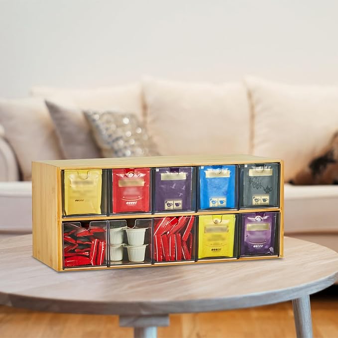 TIMIEEYA Tea Bag Organizer - Bamboo Tea Storage Organizer With Drawer 2 Layer, Tea Organizer for Tea Bags Natural Wood & Acrylic for Countertop Office Kitchen Cabinet Pantry
