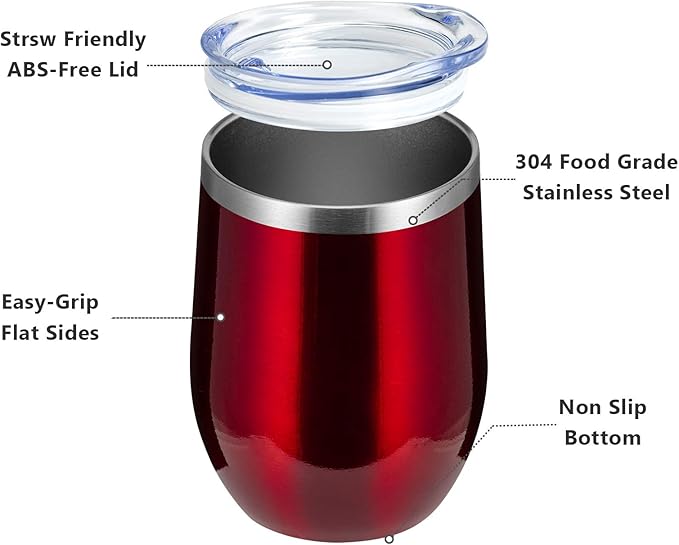 MEWAY Stemless 12oz Wine Tumbler Glasses with Lid -Insulated Double Wall Vacuum Stainless Steel Travel Tumbler with Straw,for Woman Under 10 dollars (Burgundy,1)