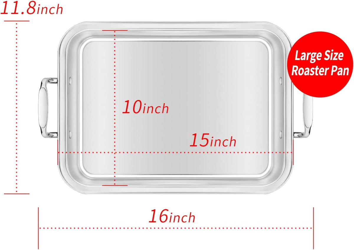 15 Inch Stainless Steel Roasting Pan with Cooling Rack - Turkey, Chicken, Ham Roaster with V-Shaped Baking Rack by Kendane