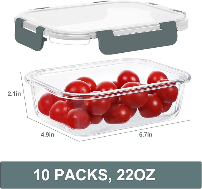 KOMUEE 10 Packs 22 oz Glass Meal Prep Containers, Glass Food Storage Containers with Lids, Airtight Lunch Boxes BPA Free, Microwave and Freezer Safe