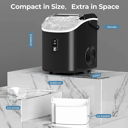 Nugget Ice Maker Countertop, 35.5Lbs/24Hrs Chewable Sonic Ice Machine with Self-Cleaning, Handle, Water Tank, Quiet Operation & Portable Pellet Ice Maker for Home, Office, Kitchen, Bar, Black