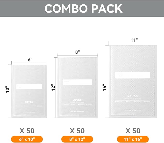 Wevac Vacuum Sealer Bags, 150 Gallon 11" x 16", and Quart 8" x 12" and Pint 6" x 10", 5 Liquid Block Bags & 5 Bone Guard Pieces, Heavy Duty for Food Storage, Sous Vide & Meal Prep