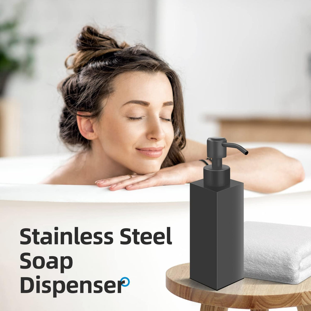 Black Soap Dispenser, Matte Black Stainless Steel, Rust-Proof Liquid Hand Dish Dispenser for Bathroom & Kitchen, 8.5 Oz Refillable Countertop Lotion Bottle (Square)