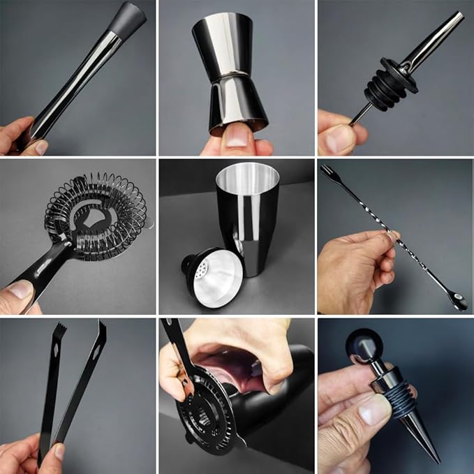 Cocktail Shaker Set with Stand, Cocktail Shaker Bartender Kit: Bar Tool Set, Drink Mixing Includes Martini Shaker,Strainer,Jigger,Bar Mixer Spoon,Muddler, Pourer, Bottle Stopper (Black)