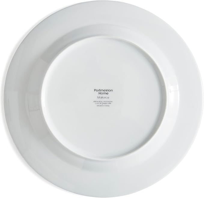 Portmeirion Home Mallorca 16 Piece Porcelain Dinnerware Set with Blue Geometric Border, 4 Place Settings - Ideal for Weekday Meals, Casual Brunches, Relaxed Dinner Parties, Small Family Celebrations