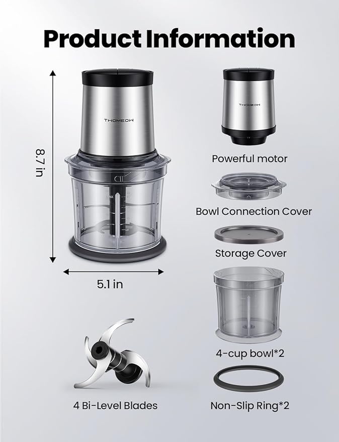 Food Processor 4 Cup, Electric Food Chopper, 【Small but Powerful】Meat Grinder with 2 Bowls, 2 Speed & 4 Blades for Vegetable, Meat, Nuts, Functions for Chopping, Dicing, Mixing and Puree