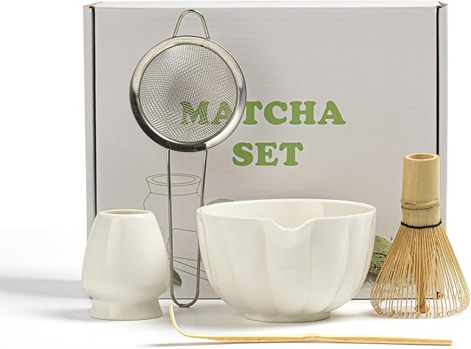 Matcha Whisk Set, Matcha Set Includes Ceramic Matcha Bowl, Bamboo Whisk, Scoop, Chasen Holder, Sifter, 5 Pcs Perfect Matcha Kit for Macha Lover (Pearl White)