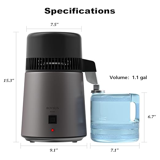 ROVSUN 1.1 Gallon/4L Water Distiller for Home Countertop, Stainless Steel Interior & BPA-Free Container, 750W Distilled Water Machine Water Maker Purifier, Distilling Pure Water Maker, 1L/H, Gray