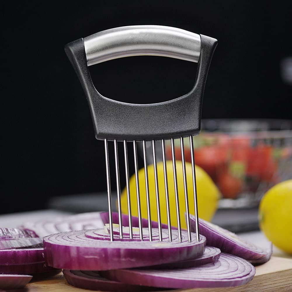 Onion Cut Tomato Slicer Lemon Handy Kitchen Slicing Tool With 10 Even Prongs For Onion Lemon Potato Tomato Slices And Can Be Used To Assist In Cutting Fish, Meat Or Loosen Meat (Black)