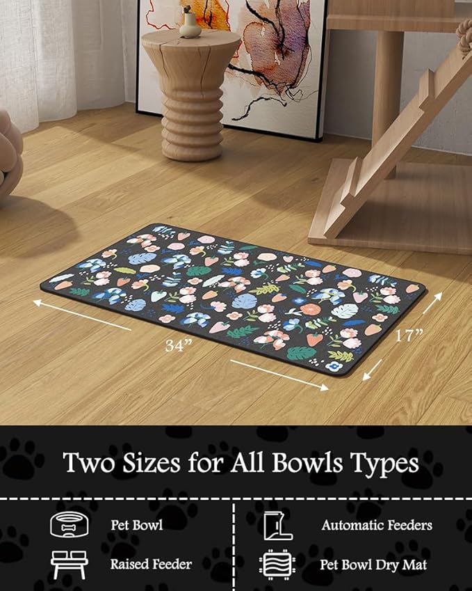 Pet Feeding Mat-Absorbent Dog Mat for Food and Water Bowl-No Stains Quick Dry Water Dispenser Mat-Dog Accessories Pet Supplies-Bowl for Messy Drinkers(DARKFLOWERS,17"x34"