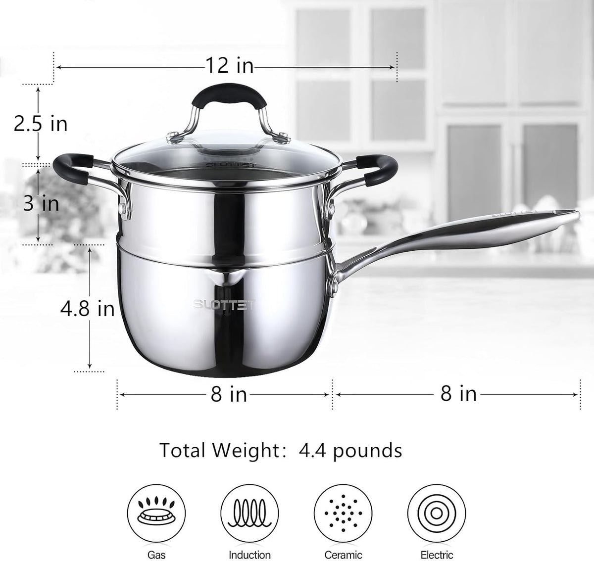 3.5 Quart Stainless Steel Saucepan with Steamer, Tri-Ply Full Body Small Multipurpose Pot with Pour Spout,Strainer Glass Lid, 3 Qt Sauce Pan for Cooking with Stay-cool Handle.