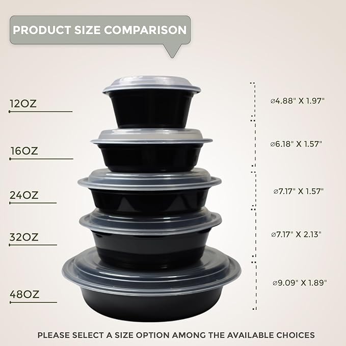Klex 32 Oz, 50 Sets Meal Prep Containers with Airtight Lids, BPA Free, Reusable Plastic Food Container, 32 oz, Round, Black/Clear, 50 Sets