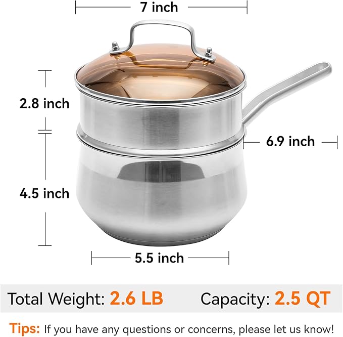 WANGYUANJI 2.5-Quart Stainless Steel Saucepan with Steamer Basket, 2-in-1 Pot & Steamer, Tri-Ply Base, Tempered Glass Lid, Induction Compatible