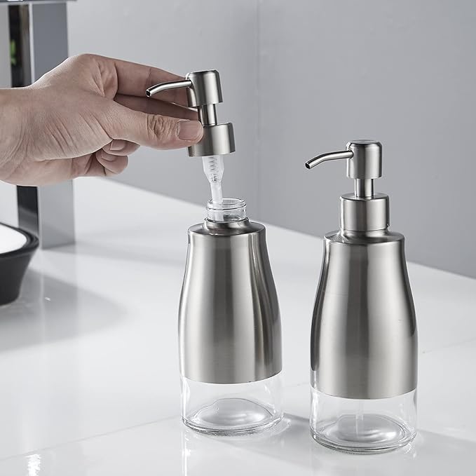 Gaussra 2 Pack Soap Dispenser with Coaster and Stickers, Stainless Steel Case Glass Liner Hand Pump Dispenser, Refillable Liquid Hand Soap Dispenser for Bathroom & Kitchen - Brushed Nickel