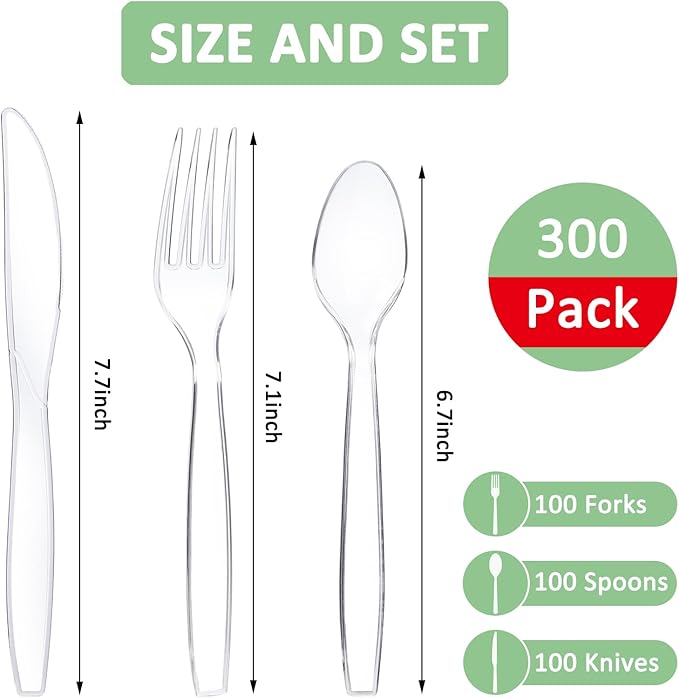 300 Count Plastic Silverware Heavy Duty, BPA-Free Disposable Utensils, Includes 100 Knives, 100 Forks, 100 Spoons for Party, Wedding, Catering, Picnic