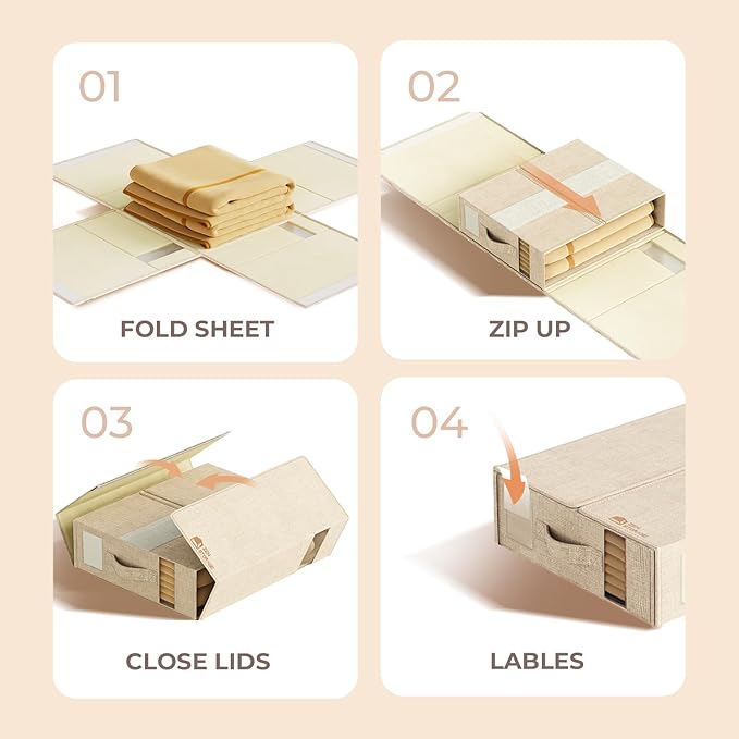 8Pack Sheet Organizers for Linen Closet - King/Queen Size Bedding Storage Boxes with Clear Window | Foldable, Dustproof Linen Organizer for Blankets & Sheet Sets,Beige