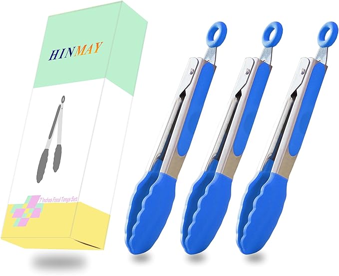 Small Tongs with Silicone Tips 7-Inch Serving Tongs, Set of 3 (Blue)