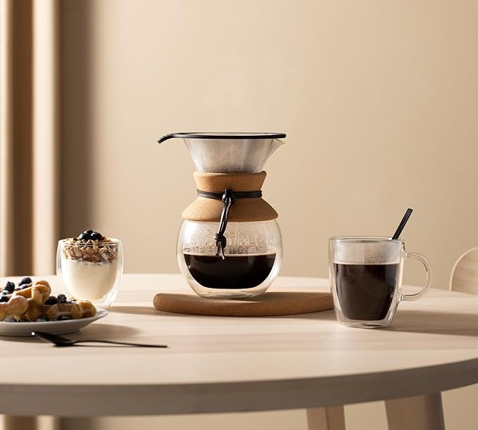 Bodum 34oz Pour Over Coffee Maker, High-Heat Borosilicate Glass with Reusable Stainless Steel Filter and Double Wall Cork Grip - Made in Portugal