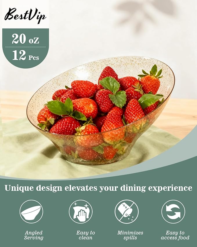 BESTVIP 20oz Clear with Gold Glitter Serving Bowls for Party - 12 Pack Angled Disposable Serving Bowls for Chips, Snacks, Fruit, Salad - Decorative Catering Bowls for Daily Use, Christmas