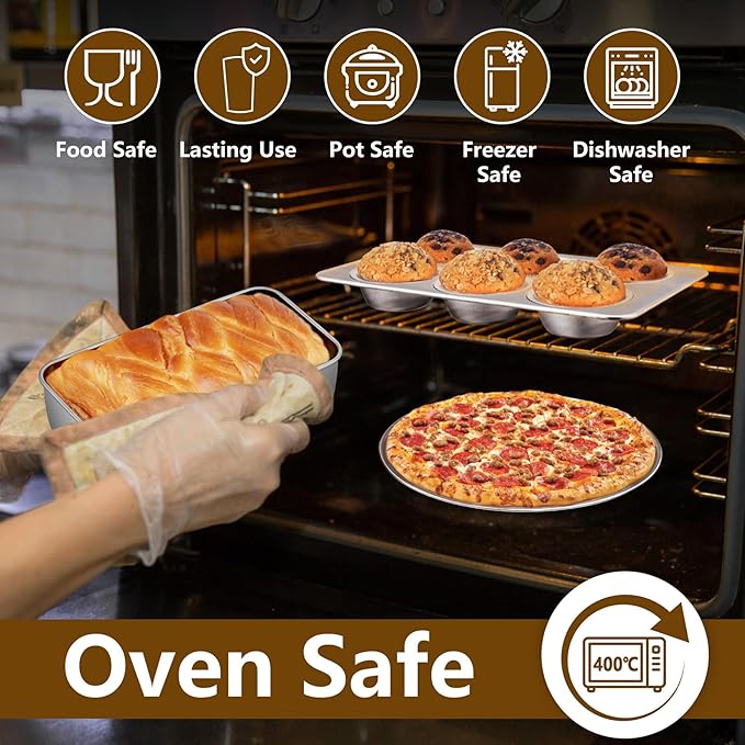 P&P CHEF Stainless Steel Bakeware Set, 12-Piece Kitchen Baking Pans Set, Baking Sheet with Rack, Square Cake Pan with Lid, Lasagna Pan, Loaf Pan, Muffin Pan, Pizza Tray & 2 Covers, Easily Clean